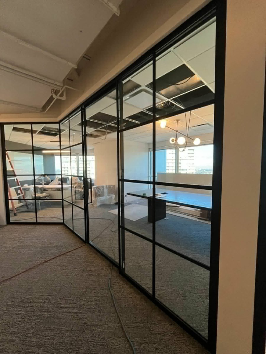 Industrial-style glass partition walls with black grid frames